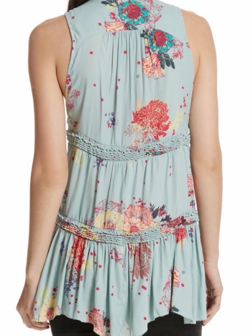 Free People Blue Haze Floral Sleeveless Tiered Tunic Blouse Tank Top V-Neck Sz S - Picture 7 of 11